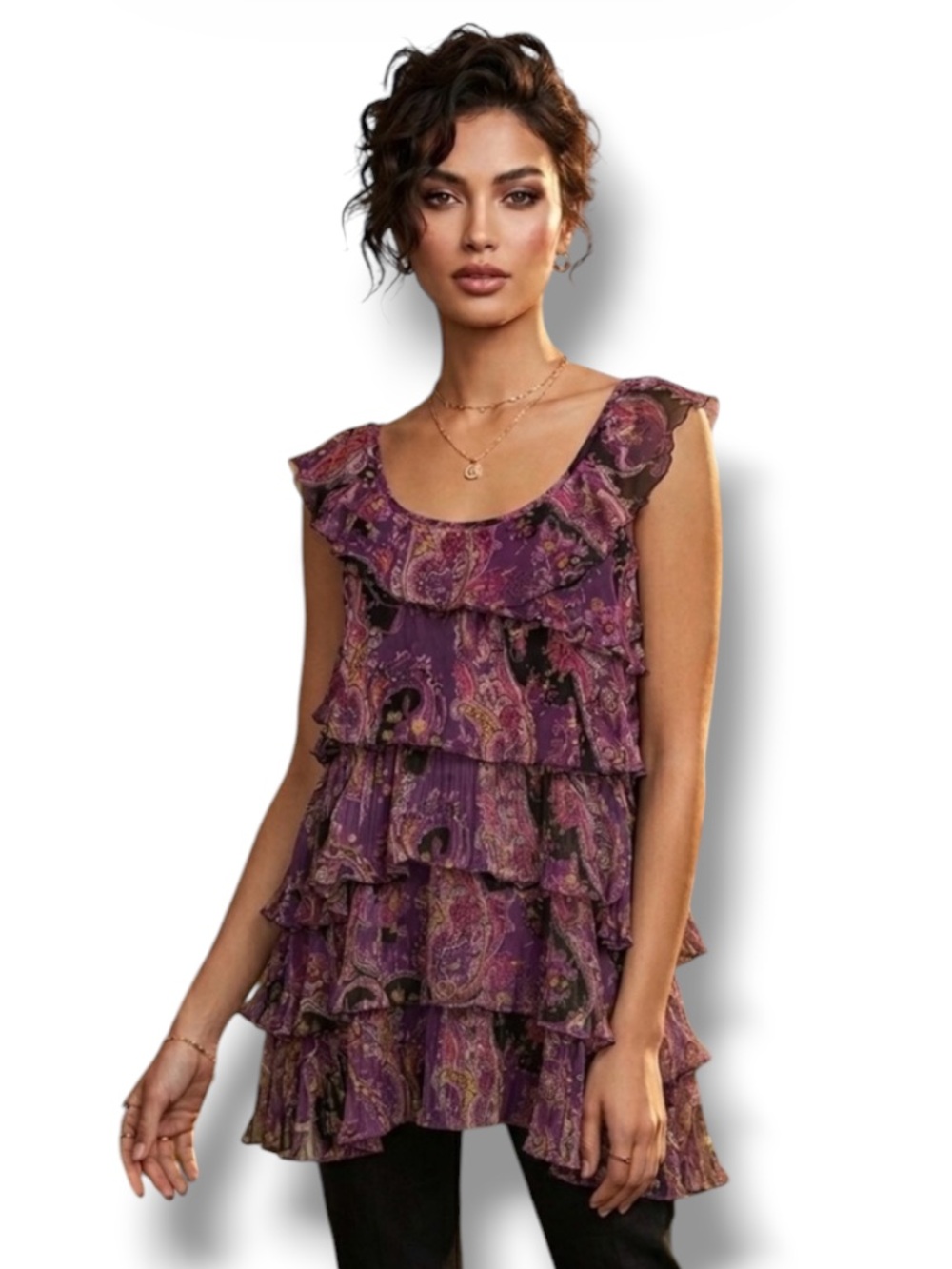 Apt. 9 Purple Bohemian Paisley Tiered Ruffle Blouse Tank Top Women's Large ๐ญ